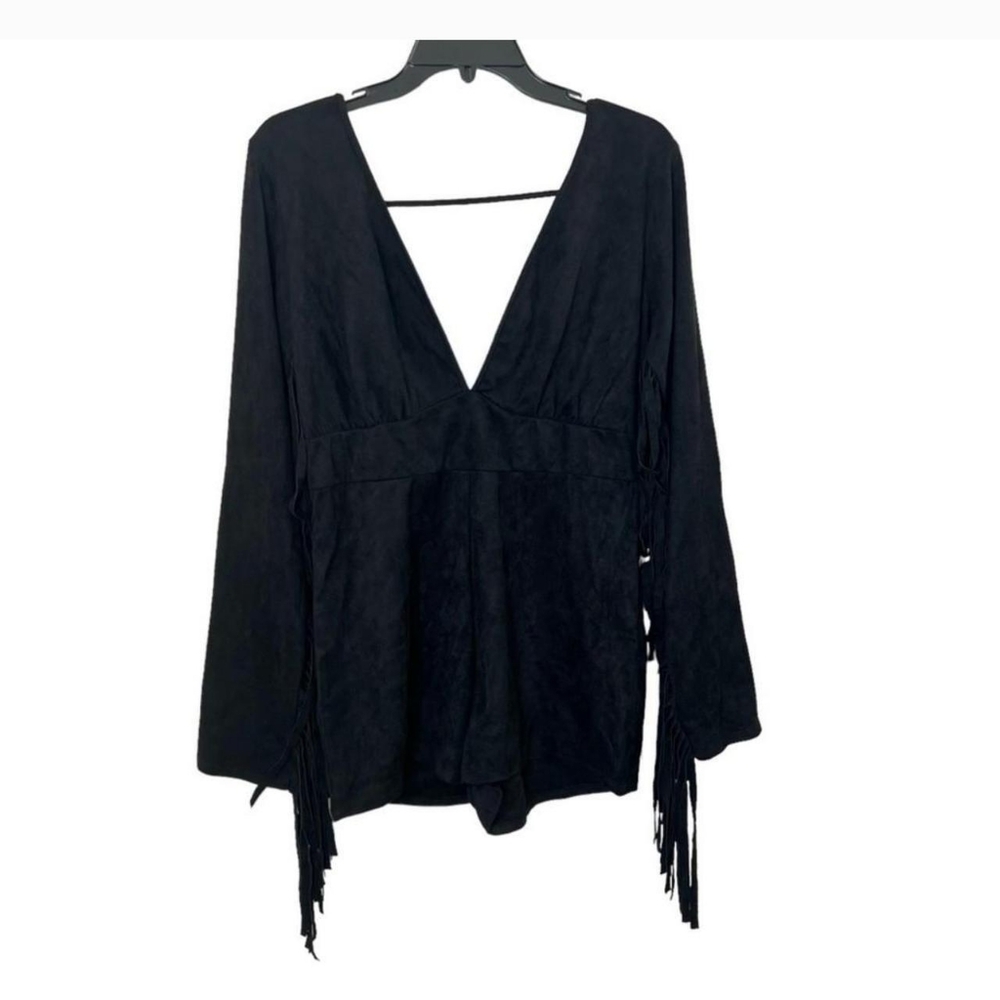 🆕Black Suede Low Cut Open Back Long Sleeve Fringe Thick Romper~Size 1 XL - Picture 8 of 8